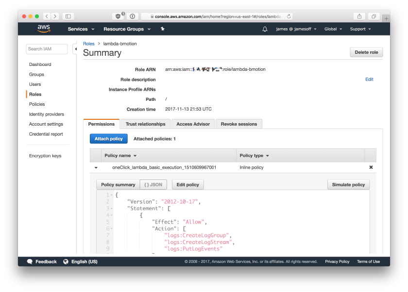 Screenshot of updating IAM role for DynamoDB access