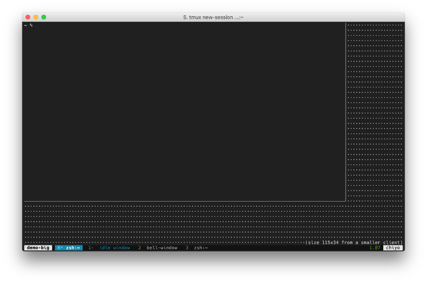 Screenshot of tmux showing a window constrained by a smaller client