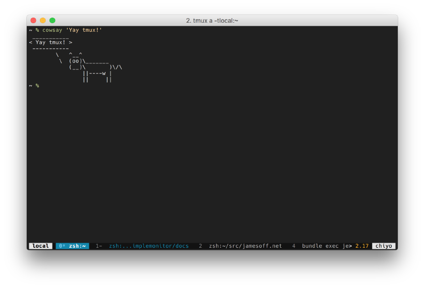 Screenshot of iTerm2 showing my tmux session with cowsay